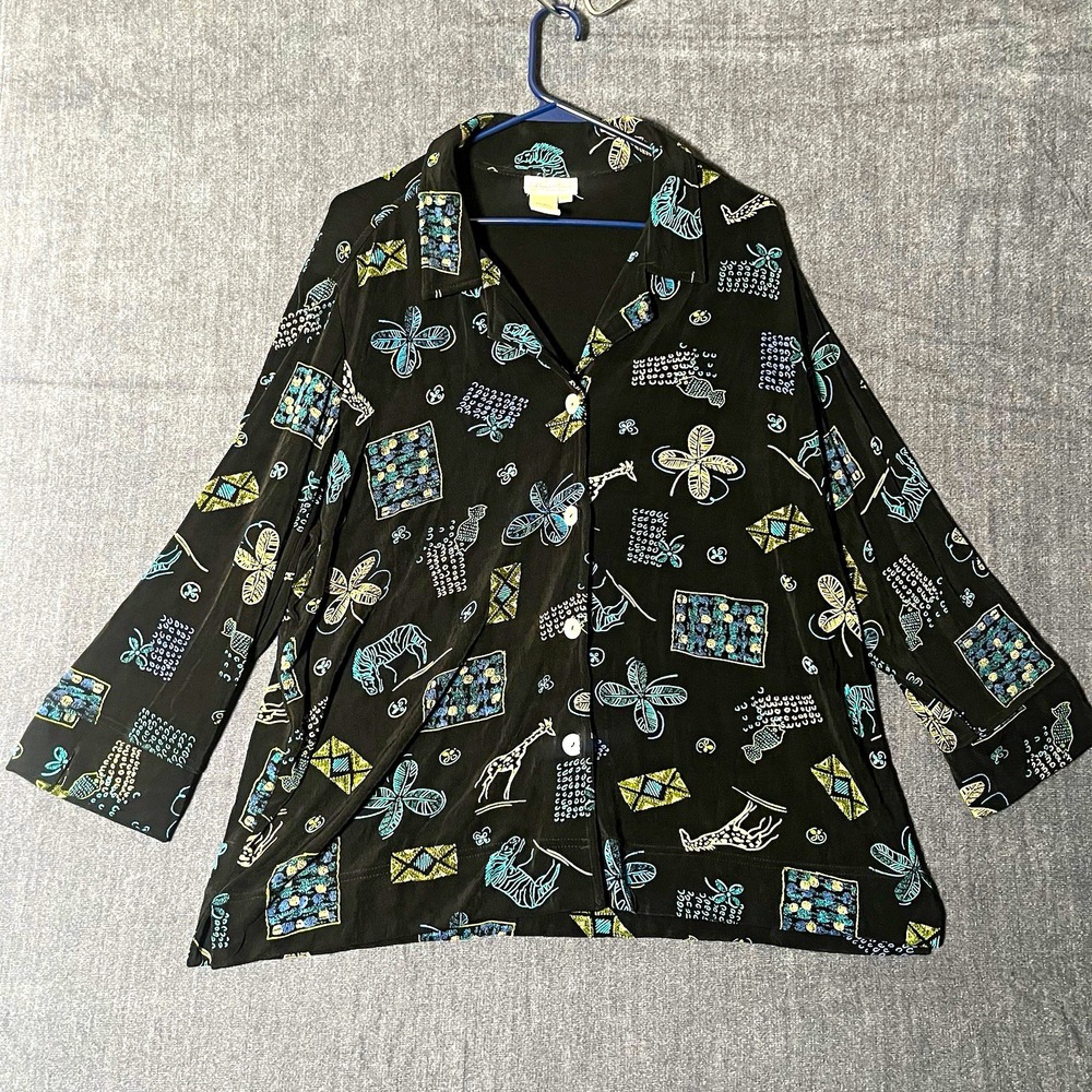 Coldwater Creek Womens XXL Black Collared Button Up 3/4 Sleeve Artsy Safari